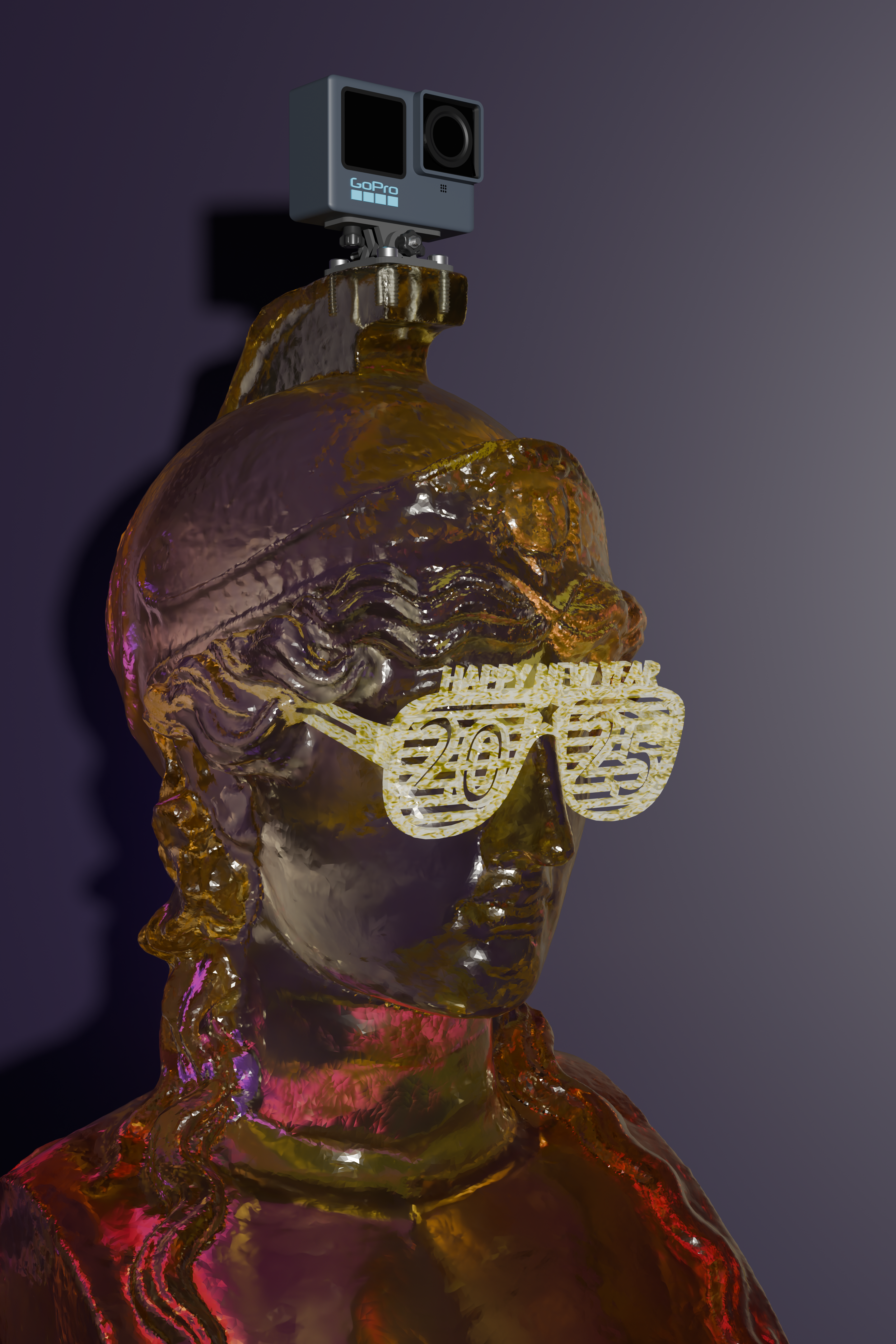 Athena.exe — translucent bust with GoPro and glitter glasses