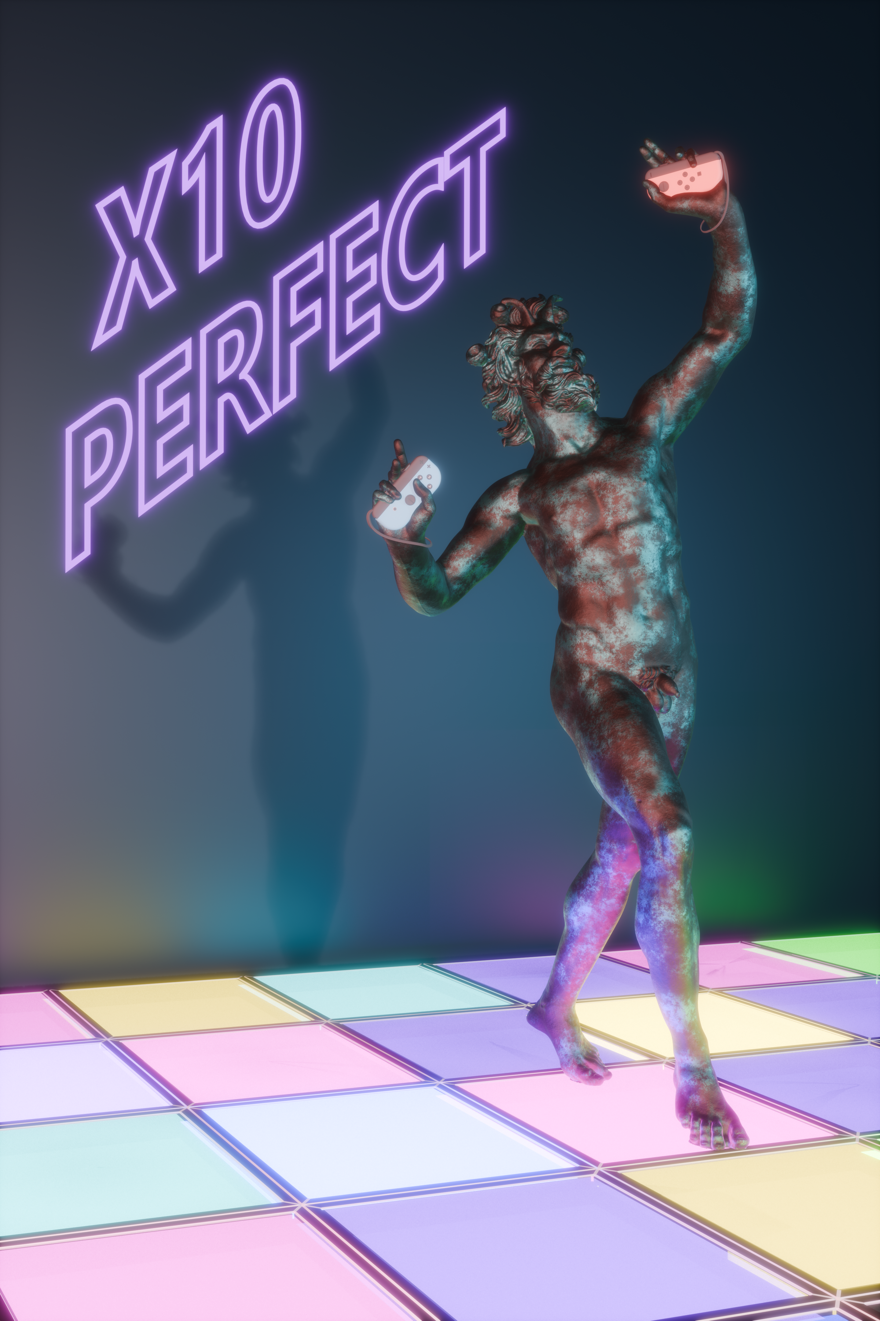 Dancing Faun: Just Dance — bronze faun with Joy-Cons on neon floor
