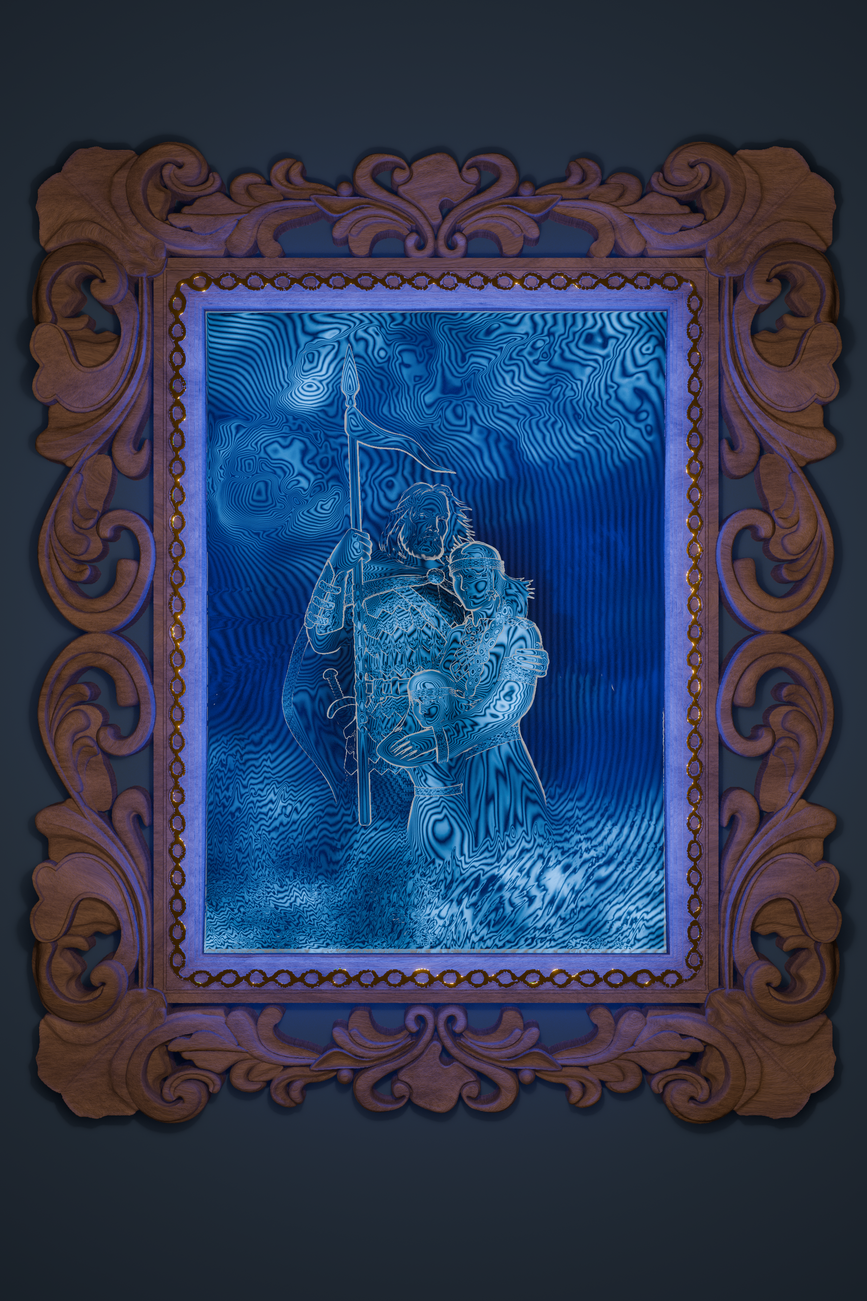 Rus-tic Hollow — holographic blue relief framed in faux wood